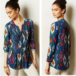 Maeve Anthropologie Topoxte Geometric Ikat Pleated Button Front Blouse Size 0‎